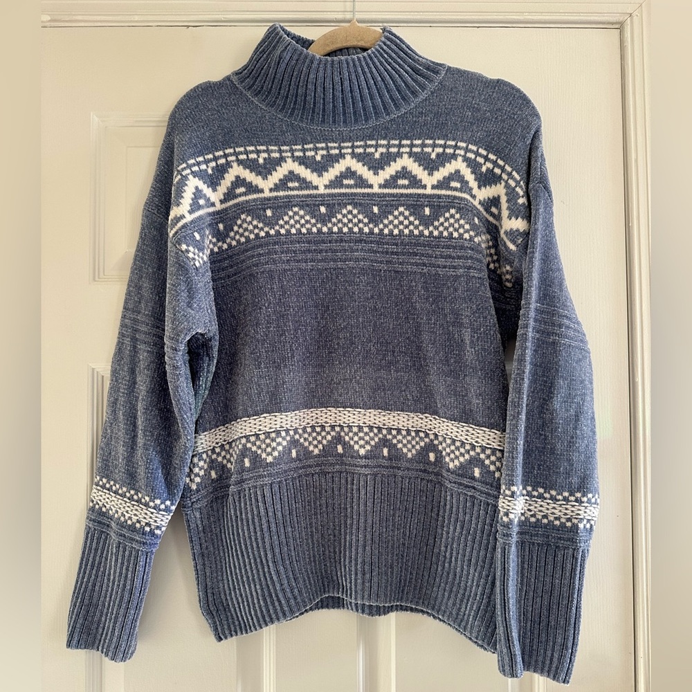 Christian Siriano Chenille Blue Apres Ski Fair Isle Pattern Sweater